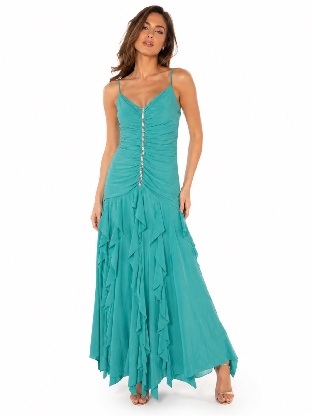 Vintage 90s Scott McClintock Turquoise Rhinestone Ruched Evening Dress 6P Formal